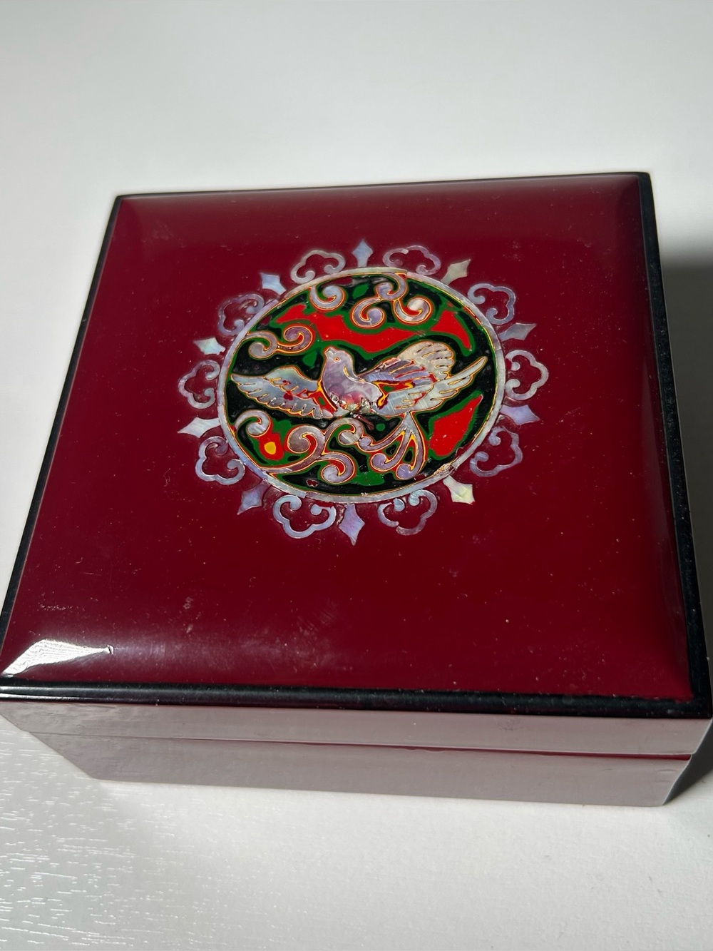 Vintage Red Lacquer Wood Box w/ Lid Mother of Pearl Bird Inlay Trinket Box